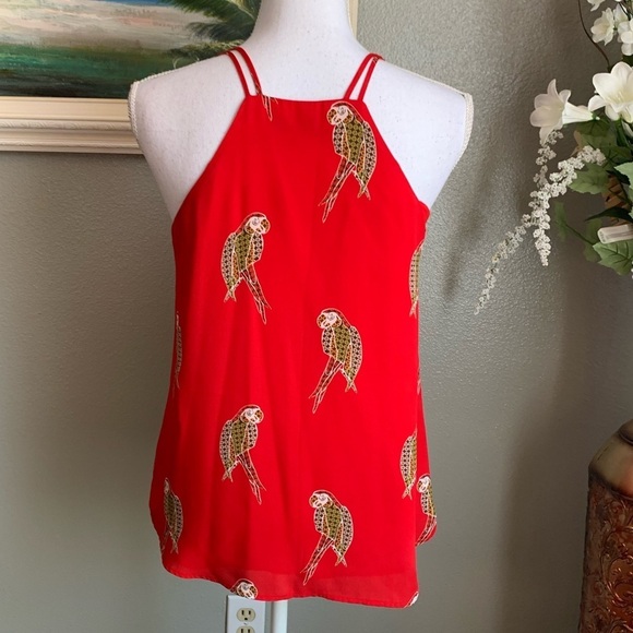 Loft Halter Spaghetti Strap V-neck Red Parrot Print Top Size SP - Picture 15 of 17